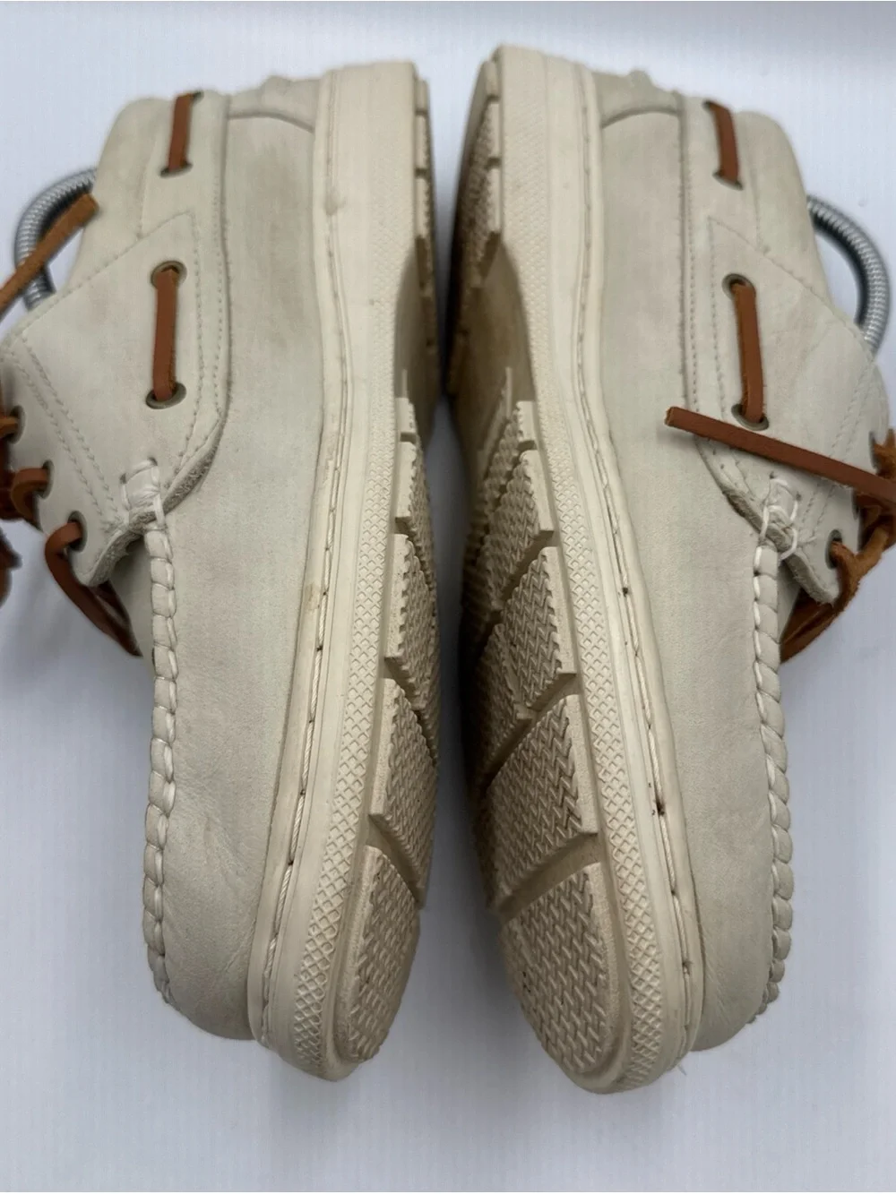 Men's Leather Boat Shoes in Light Cream with Brown Laces